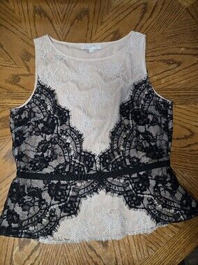 LOFT Nude Lace Sleeveless Peplum Top with Black Overlay